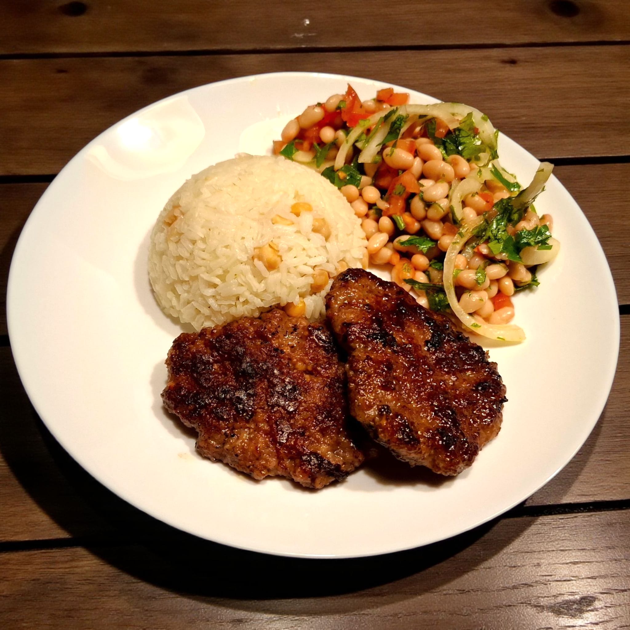 Turkish beef kofte with rice and  bean salad (piyaz)